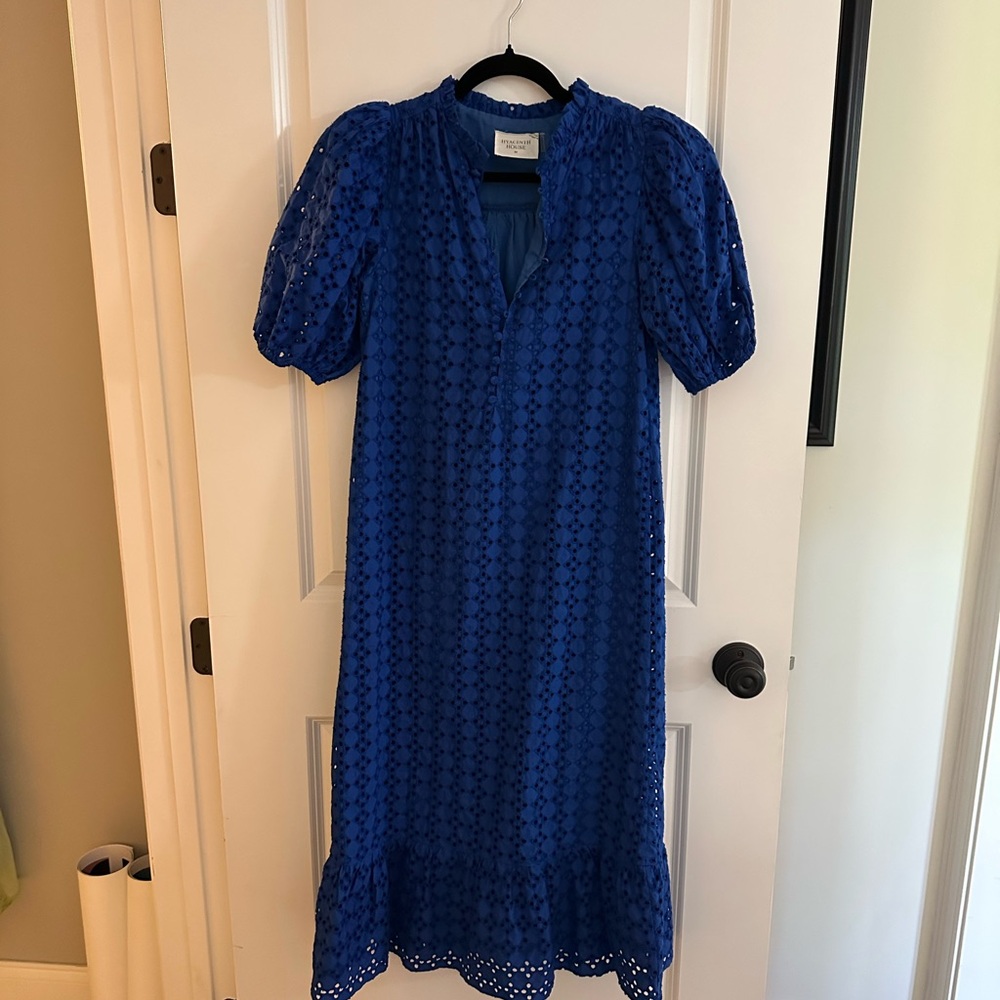 Chic Blue Midi Dress with Puff Sleeves